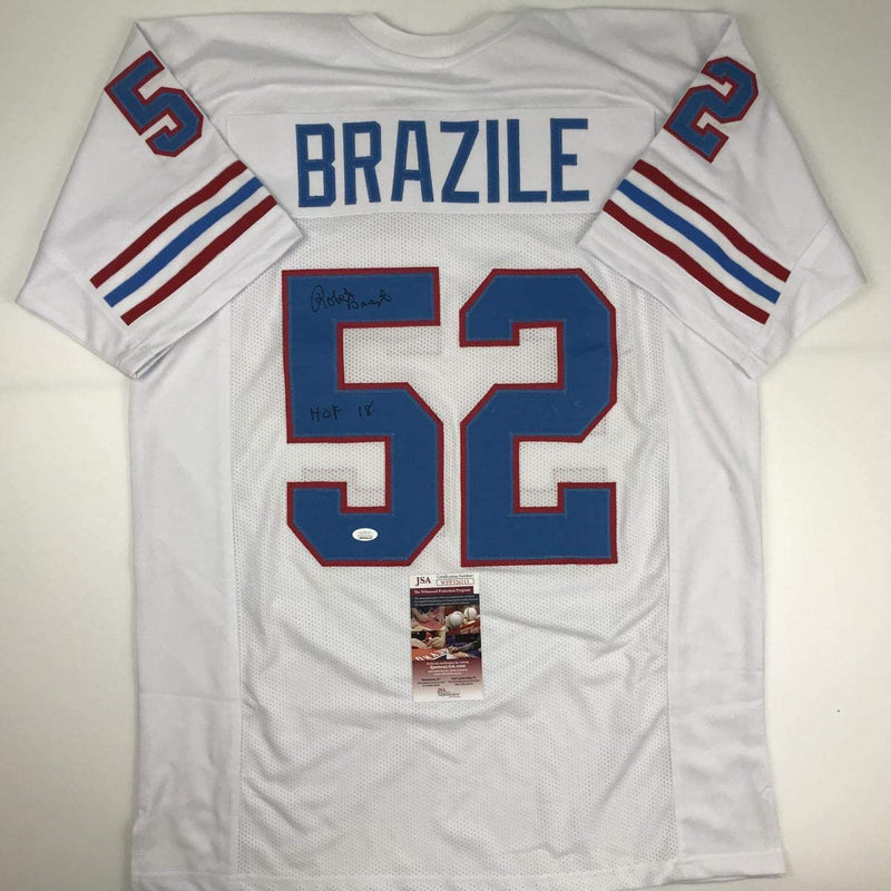 Autographed/Signed Robert Brazile HOF 18 Houston White Football Jersey JSA COA