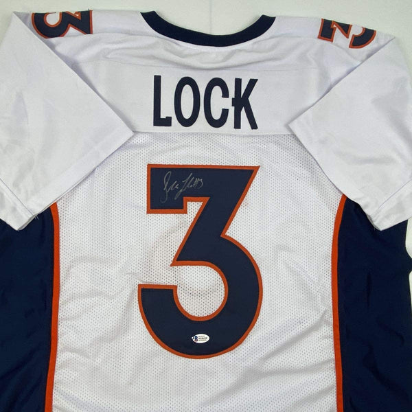 Autographed/Signed Drew Lock Denver White Football Jersey Beckett BAS COA