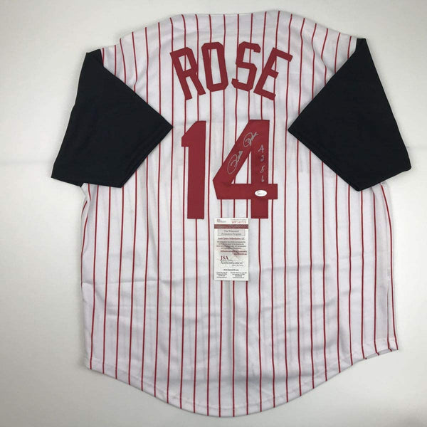 Autographed/Signed Pete Rose 4256 Cincinnati Pinstripe Baseball Jersey JSA COA