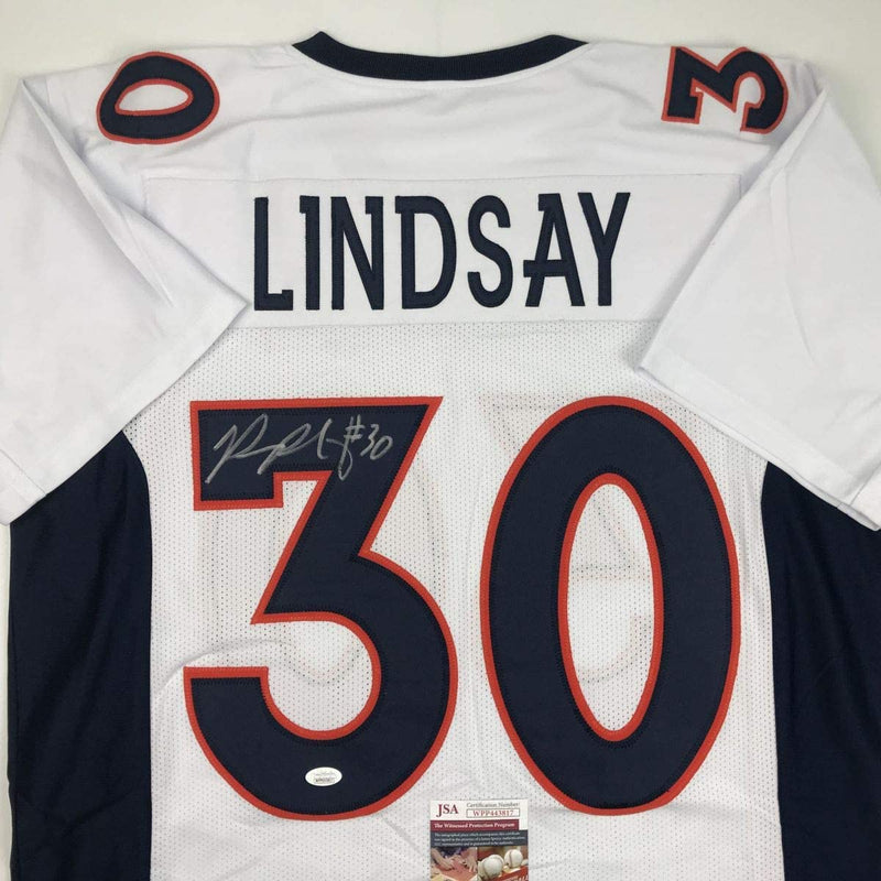 Autographed/Signed Phillip Lindsay Denver White Football Jersey JSA COA