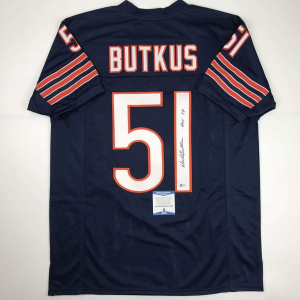 Autographed/Signed Dick Butkus HOF 79 Chicago Blue Football Jersey Beckett BAS COA