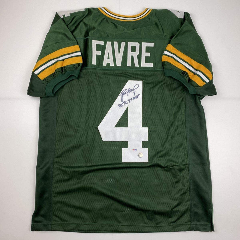 Autographed/Signed Brett Favre 95 96 97 MVP Green Bay Green Football Jersey PSA/DNA COA