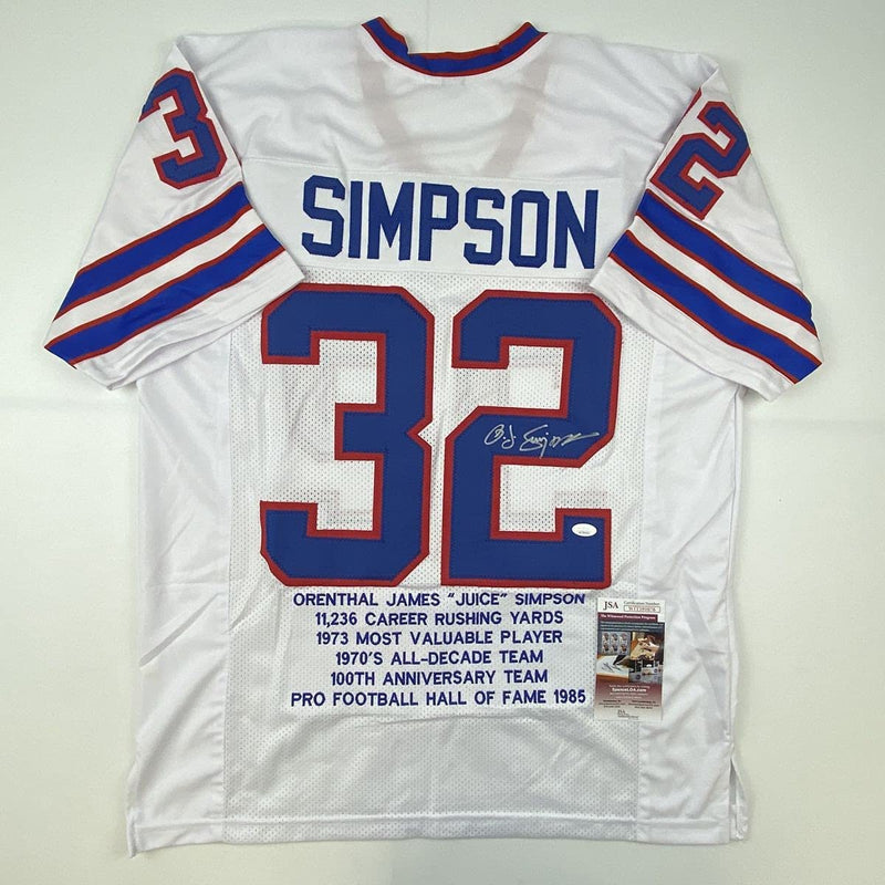 Autographed/Signed OJ O.J. Simpson Buffalo White Stat Football Jersey JSA COA
