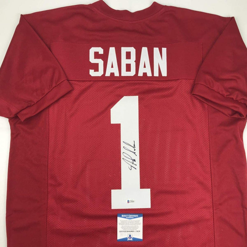 Autographed/Signed Nick Saban Alabama Red College Football Jersey Beckett BAS COA