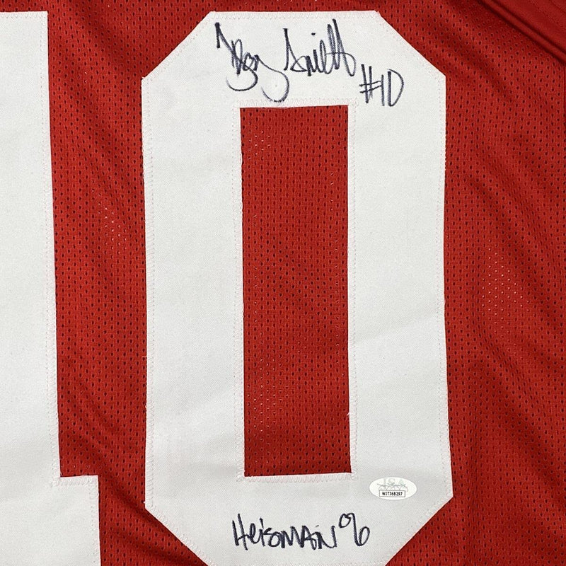 Autographed/Signed Troy Smith Heisman 06 Ohio State Red College Football Jersey JSA COA