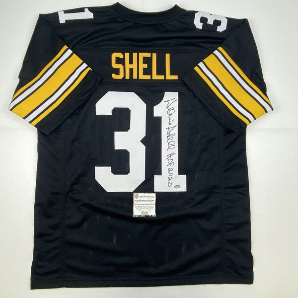 Autographed/Signed Donnie Shell HOF 2002 Pittsburgh Black Football Jersey Schwartz Sports COA