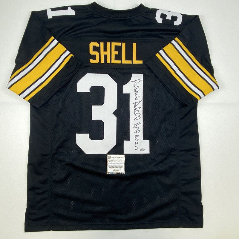 Autographed/Signed Donnie Shell HOF 2002 Pittsburgh Black Football Jersey Schwartz Sports COA