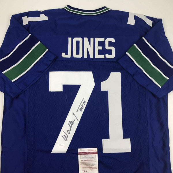 Autographed/Signed Walter Jones HOF 14 Seattle Blue Football Jersey JSA COA