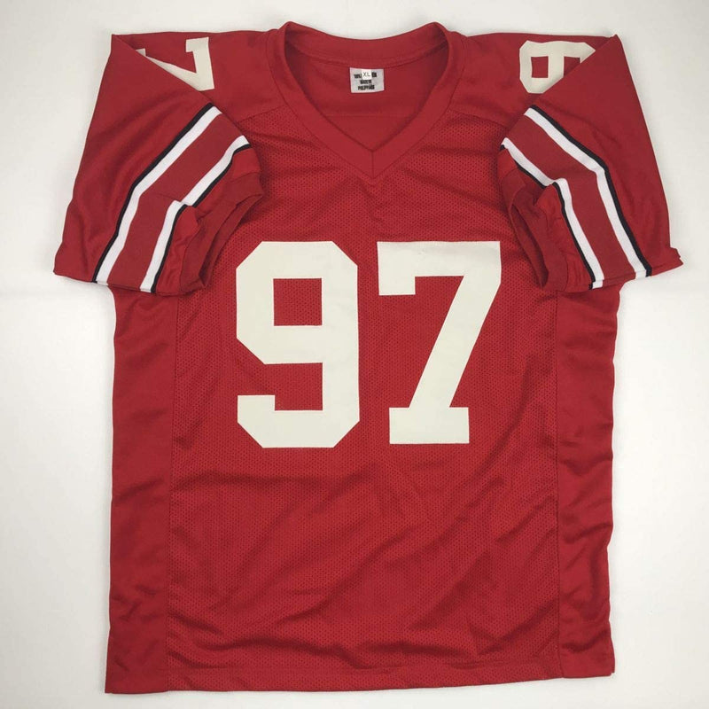 Autographed/Signed Nick & Joey Bosa Brothers Ohio State Red College Football Jersey JSA COA