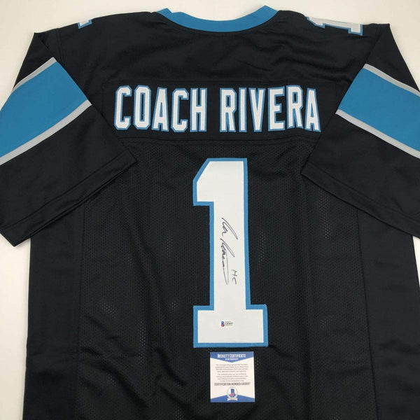 Autographed/Signed Ron Rivera Carolina Black Football Jersey Beckett BAS COA