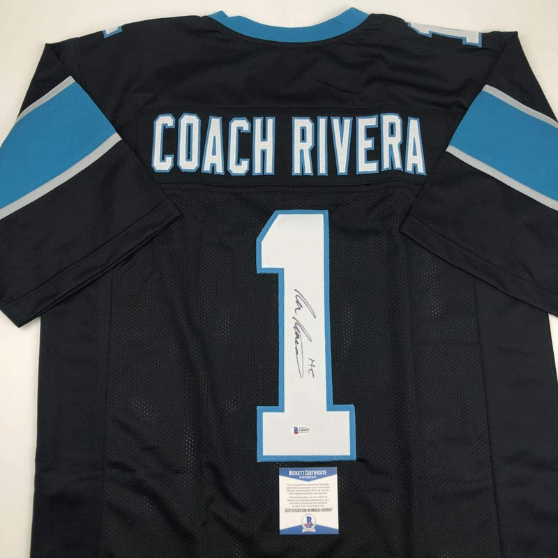 Autographed/Signed Ron Rivera Carolina Black Football Jersey Beckett BAS COA