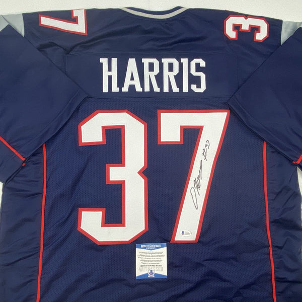 Autographed/Signed Damien Harris New England Blue Football Jersey Beckett BAS COA