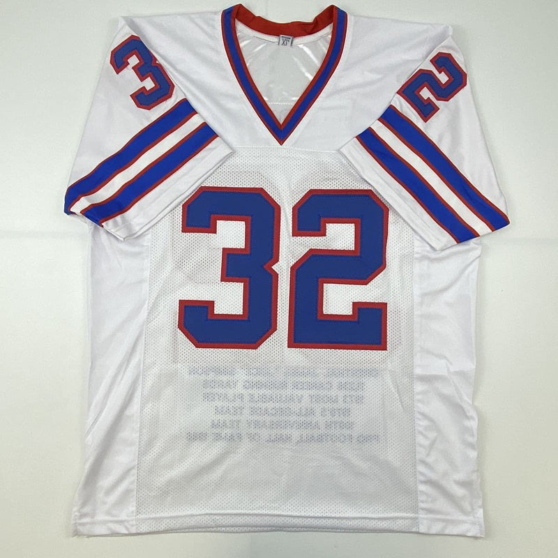 Autographed/Signed OJ O.J. Simpson Buffalo White Stat Football Jersey JSA COA