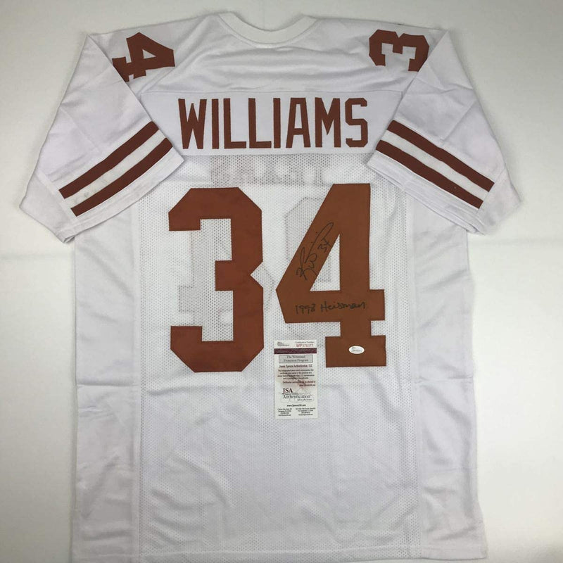 Autographed/Signed Ricky Williams 1998 Heisman Texas Longhorns White Football Jersey JSA COA
