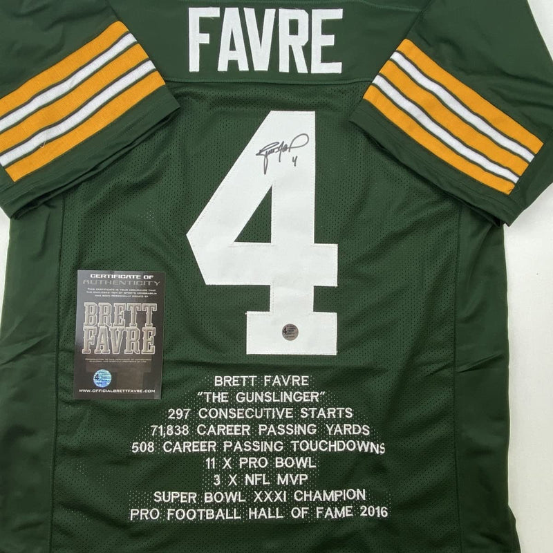 Autographed/Signed Brett Favre Green Bay Stat Green Football Jersey Favre Hologram COA
