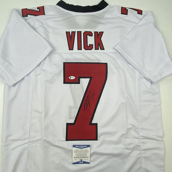 Autographed/Signed Michael Mike Vick Atlanta Retro White Football Jersey Beckett BAS COA