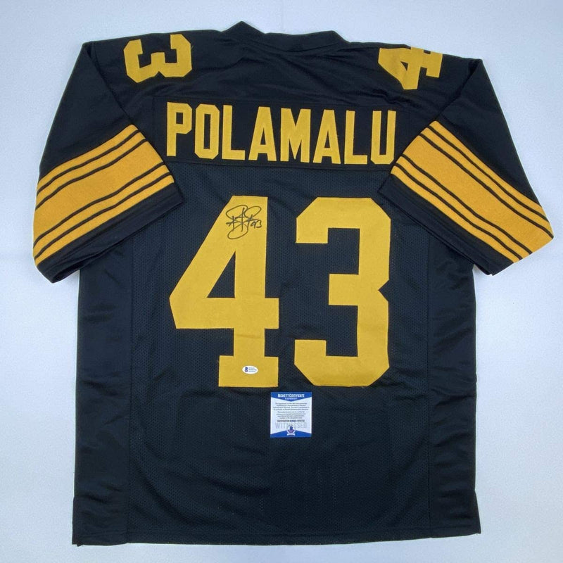 Autographed/Signed Troy Polamalu Pittsburgh Color Rush Football Jersey Beckett BAS COA