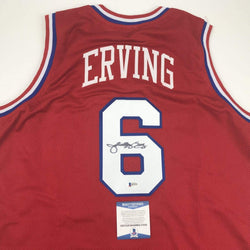 Autographed/Signed Julius Erving Dr. J Philadelphia Red Basketball Jersey Beckett BAS COA