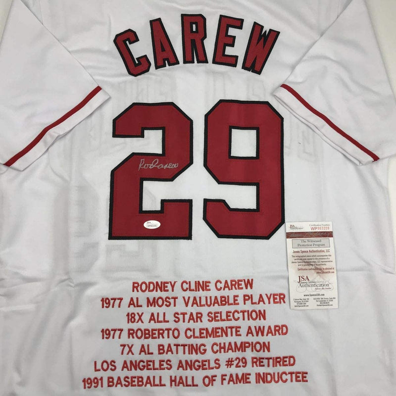 Autographed/Signed Rod Carew Los Angeles White Stat Baseball Jersey JSA COA