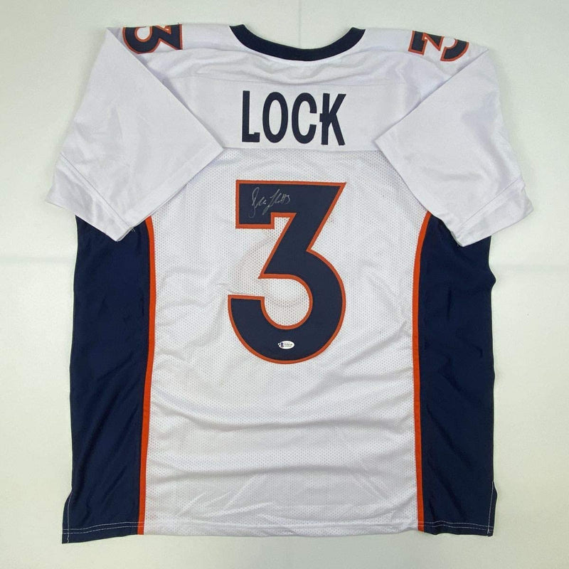 Autographed/Signed Drew Lock Denver White Football Jersey Beckett BAS COA