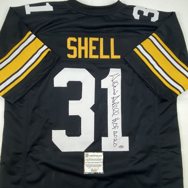 Autographed/Signed Donnie Shell HOF 2002 Pittsburgh Black Football Jersey Schwartz Sports COA
