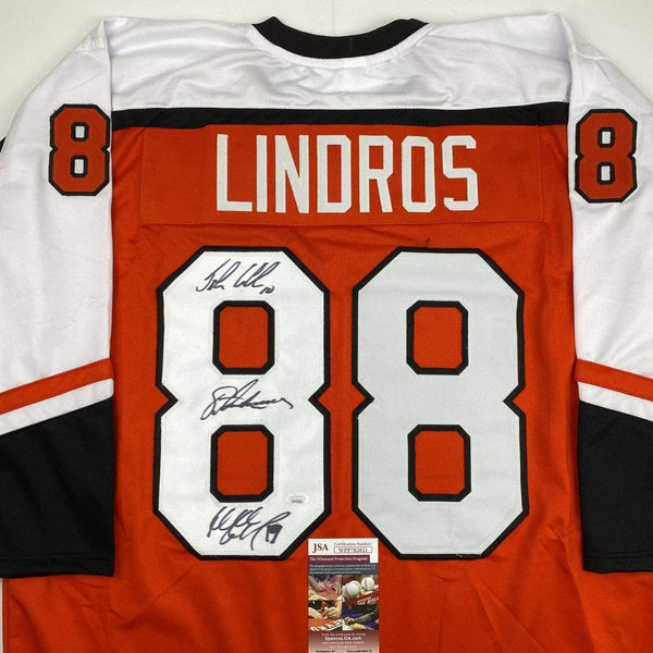 Autographed/Signed Legion of Doom Eric Lindros, John LeClair & Mikail Renberg Philadelphia Orange Hockey Jersey JSA COA