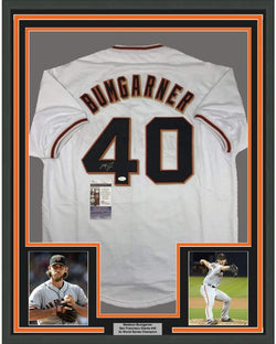 Framed Autographed/Signed Madison Bumgarner 35x39 San Francisco White Baseball Jersey JSA COA