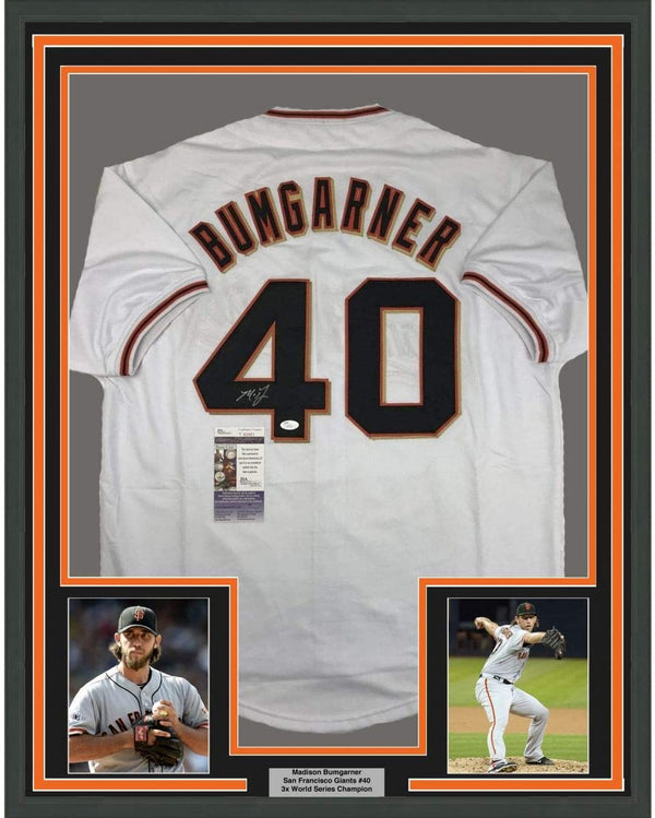 Framed Autographed/Signed Madison Bumgarner 35x39 San Francisco White Baseball Jersey JSA COA