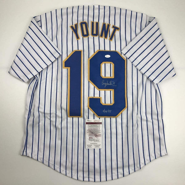 Autographed/Signed Robin Yount HOF 97 Milwaukee Pinstripe Baseball Jersey JSA COA