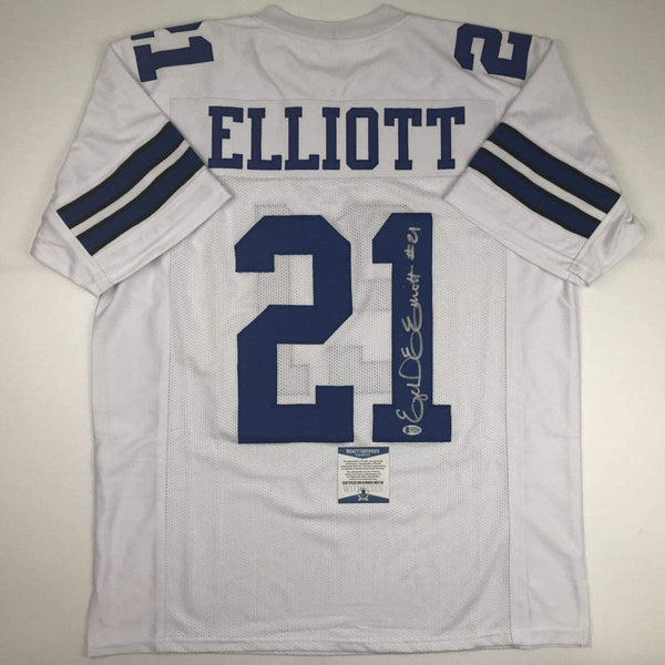 Autographed/Signed Ezekiel Elliott Dallas White Football Jersey Beckett BAS COA
