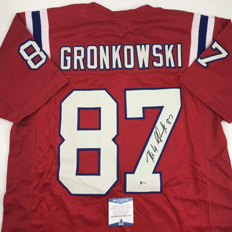 Autographed/Signed Rob Gronkowski New England Red Football Jersey Beckett BAS COA
