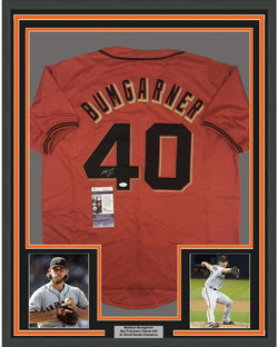Framed Autographed/Signed Madison Bumgarner 35x39 San Francisco Orange Baseball Jersey JSA COA