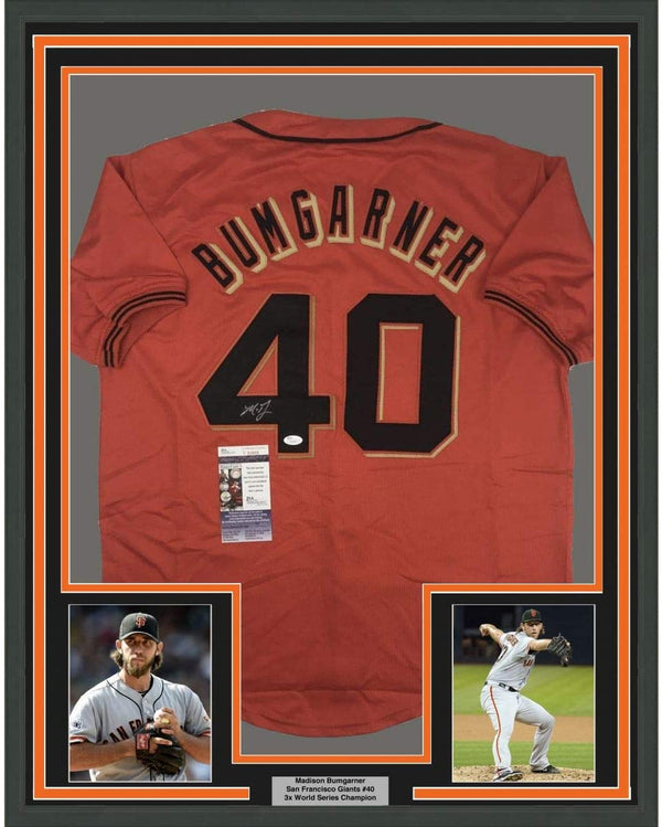 Framed Autographed/Signed Madison Bumgarner 35x39 San Francisco Orange Baseball Jersey JSA COA