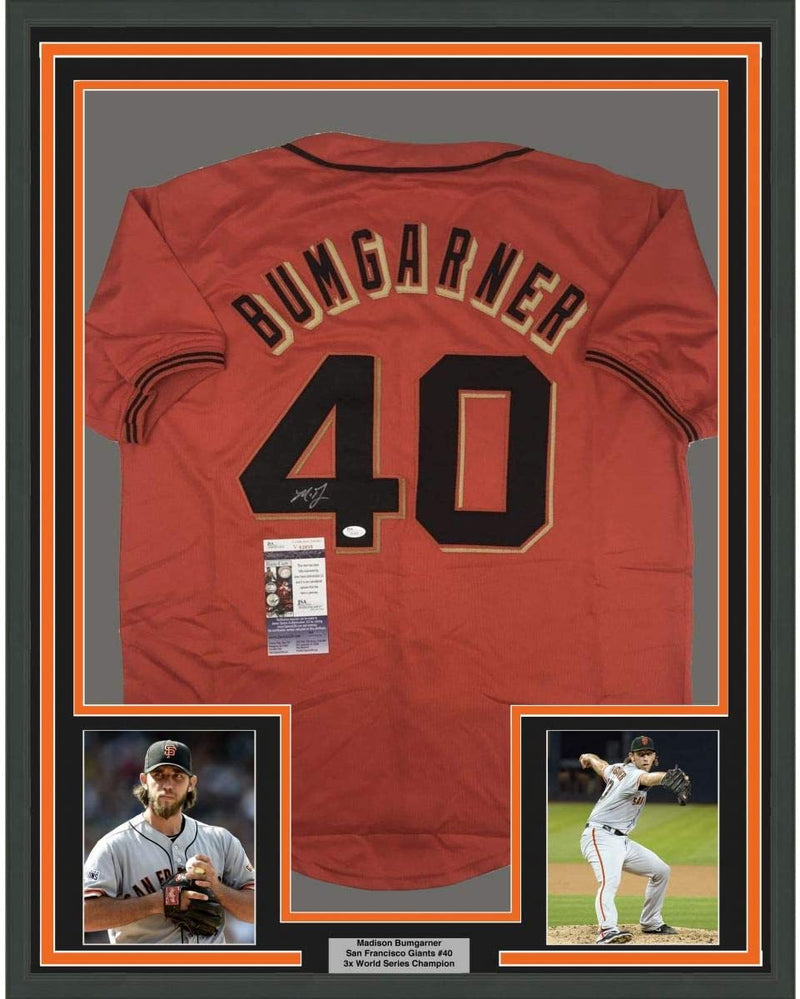 Framed Autographed/Signed Madison Bumgarner 35x39 San Francisco Orange Baseball Jersey JSA COA