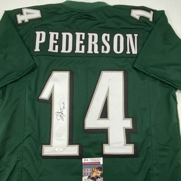 Autographed/Signed Doug Pederson SB LII Philadelphia Green Football Jersey JSA COA