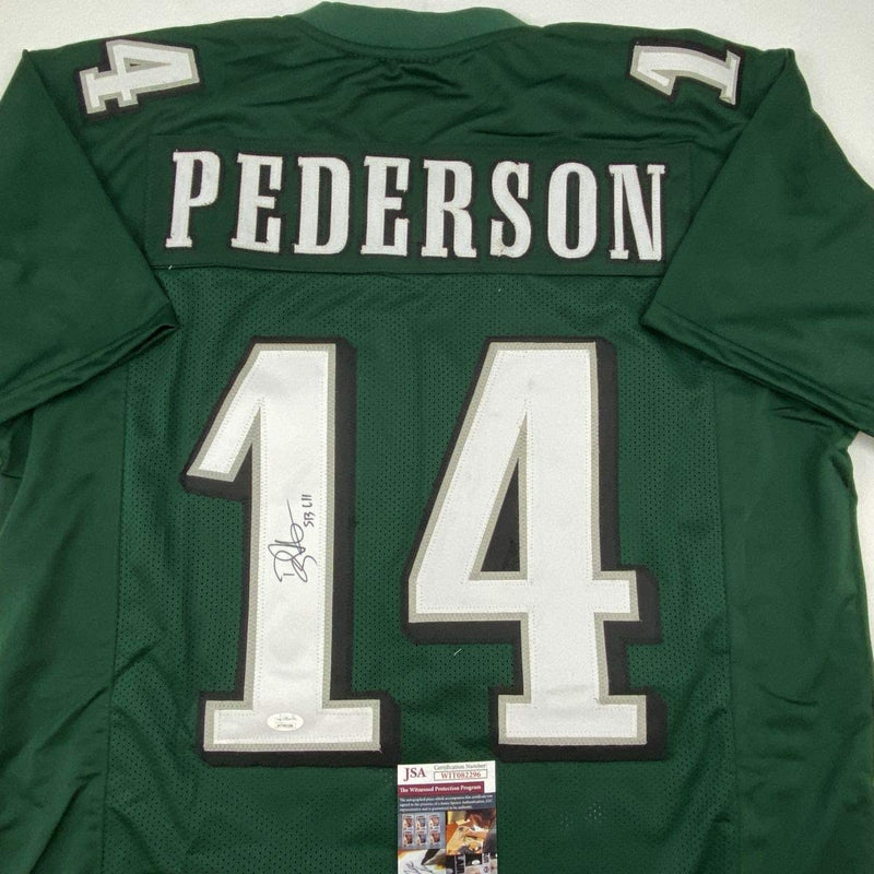 Autographed/Signed Doug Pederson SB LII Philadelphia Green Football Jersey JSA COA