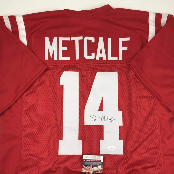 Autographed/Signed DK D.K. Metcalf Ole Miss Red College Football Jersey JSA COA