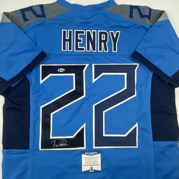 Autographed/Signed Derrick Henry Tennessee Titans Light Blue Football Jersey Beckett BAS COA