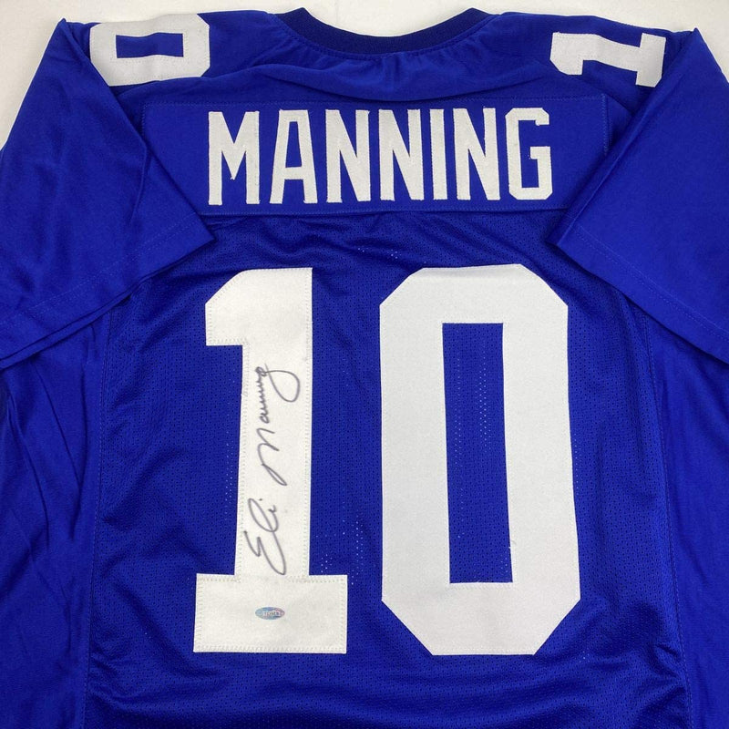 Autographed/Signed Eli Manning New York Blue Football Jersey Steiner Sports COA Hologram Only
