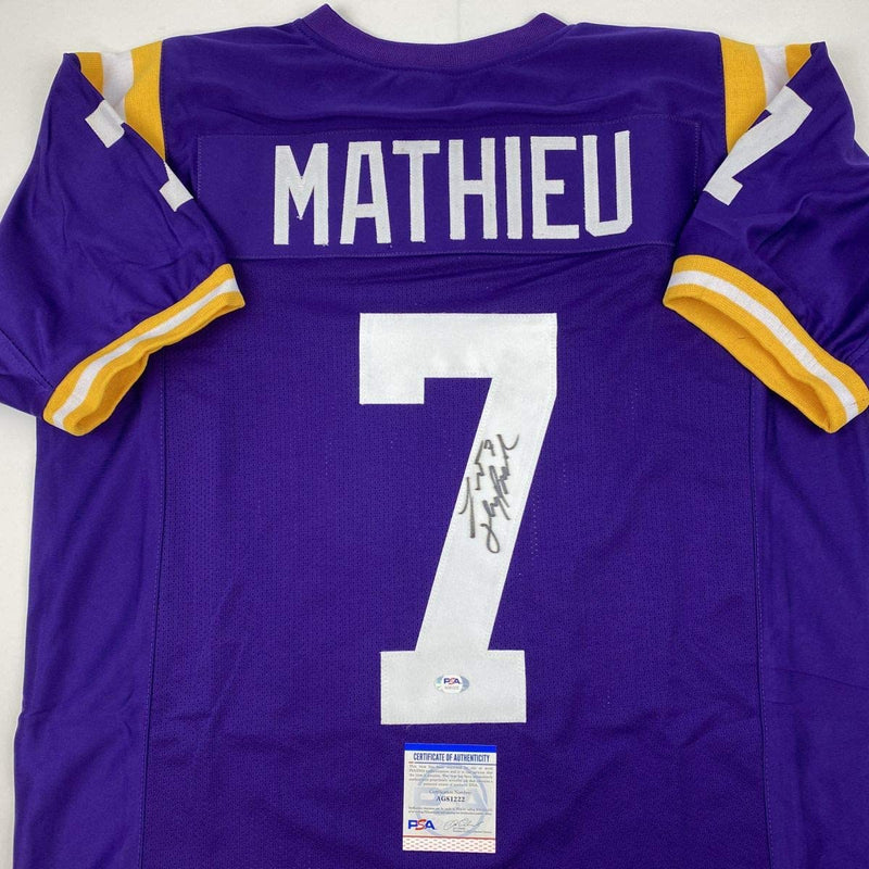 Autographed/Signed Tyrann Mathieu Inscribed Honey Badger LSU Purple College Football Jersey PSA/DNA COA