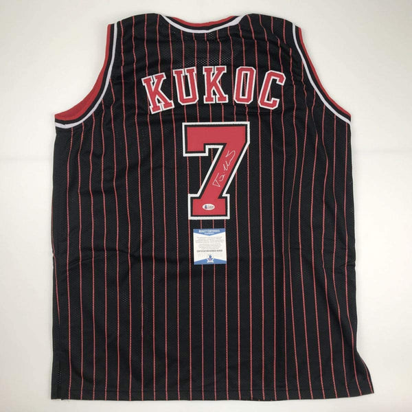 Autographed/Signed Toni Kukoc Chicago Black Pinstripe Basketball Jersey Beckett BAS COA