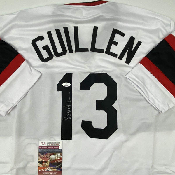 Autographed/Signed Ozzie Guillen Chicago Retro White Baseball Jersey JSA COA