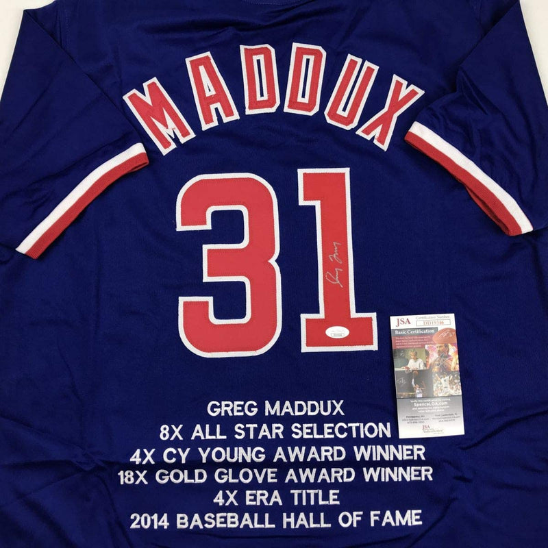 Autographed/Signed Greg Maddux Chicago Blue Stat Baseball Jersey JSA COA