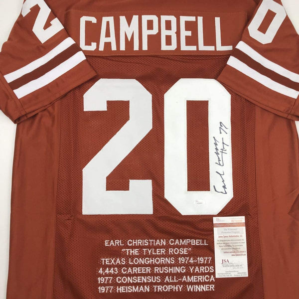 Autographed/Signed Earl Campbell HT 77 Texas Orange Stat College Football Jersey JSA COA