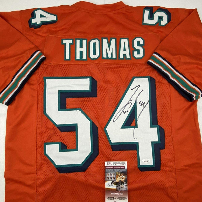 Autographed/Signed Zach Thomas Miami Orange Football Jersey JSA COA