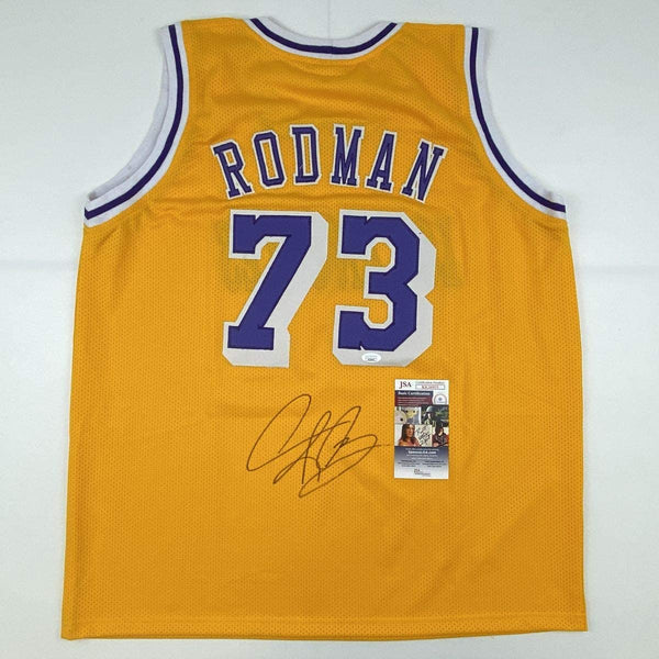 Autographed/Signed Dennis Rodman Los Angeles LA Yellow Basketball Jersey JSA COA