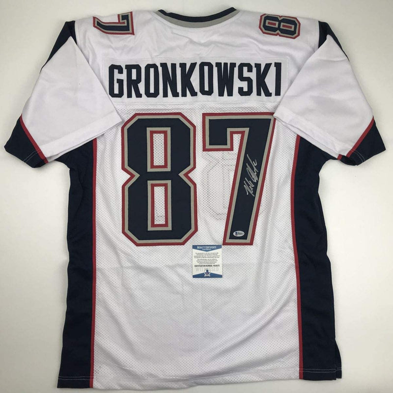 Autographed/Signed Rob Gronkowski New England White Football Jersey Beckett BAS COA