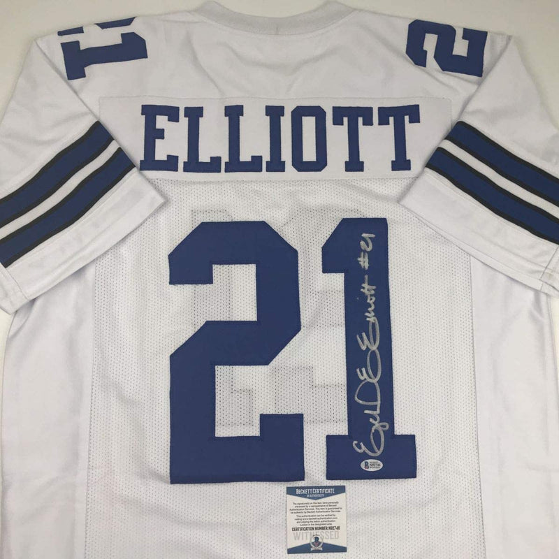 Autographed/Signed Ezekiel Elliott Dallas White Football Jersey Beckett BAS COA