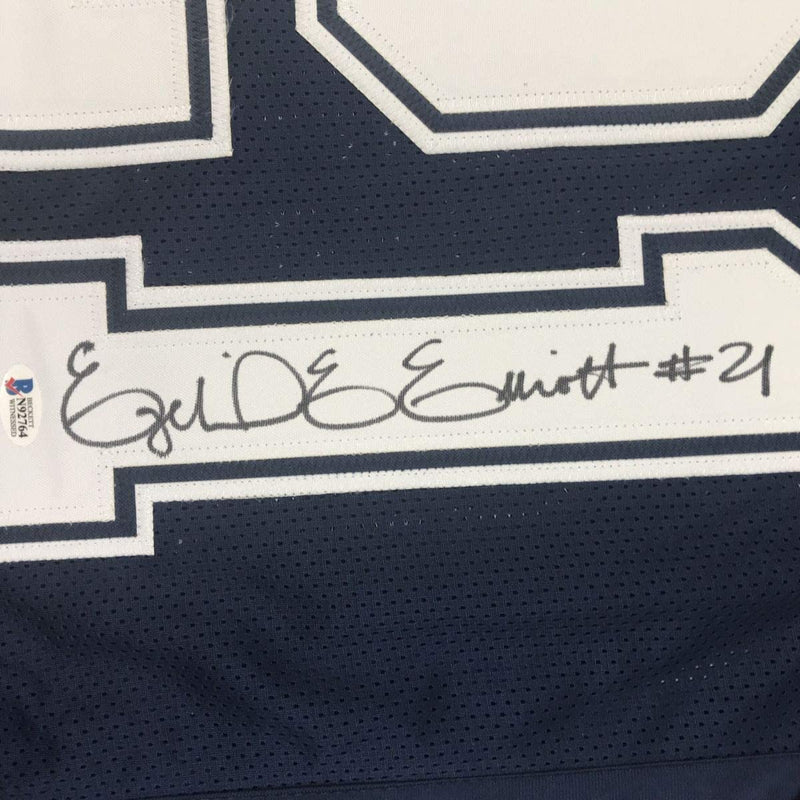 Autographed/Signed Ezekiel Elliott Dallas Dark Blue Football Jersey Beckett BAS COA