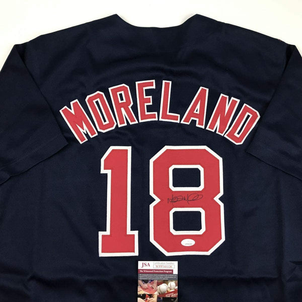 Autographed/Signed Mitch Moreland Boston Blue Baseball Jersey JSA COA